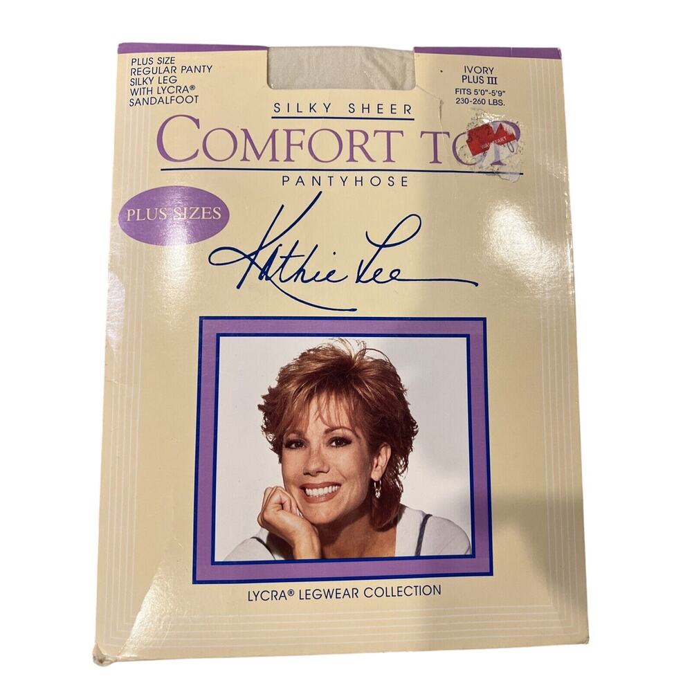Kathie Lee Comfort Top Lycra Pantyhose Silky Leg Sandalfoot Plus Sz III Ivory